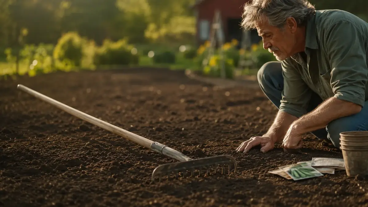 Freshly leveled garden bed with a bow rake resting across the smooth soil, ready for planting