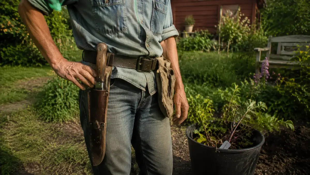 Garden knife with leather sheath hanging from a belt next to a bucket of freshly divided hosta plants