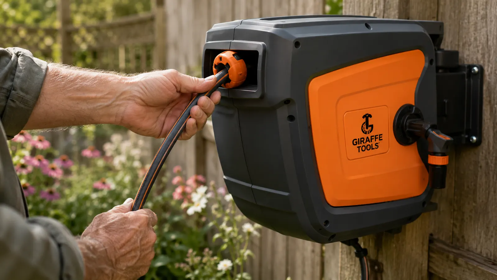 Close-up of a hand locking the retractable hose reel at a set length near a garden bed
