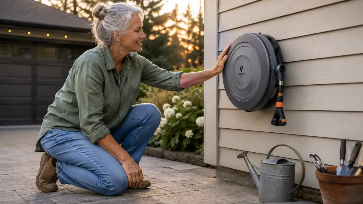 Wall-mounted retractable hose reel fully retracted and tidy next to a clean garage exterior wall
