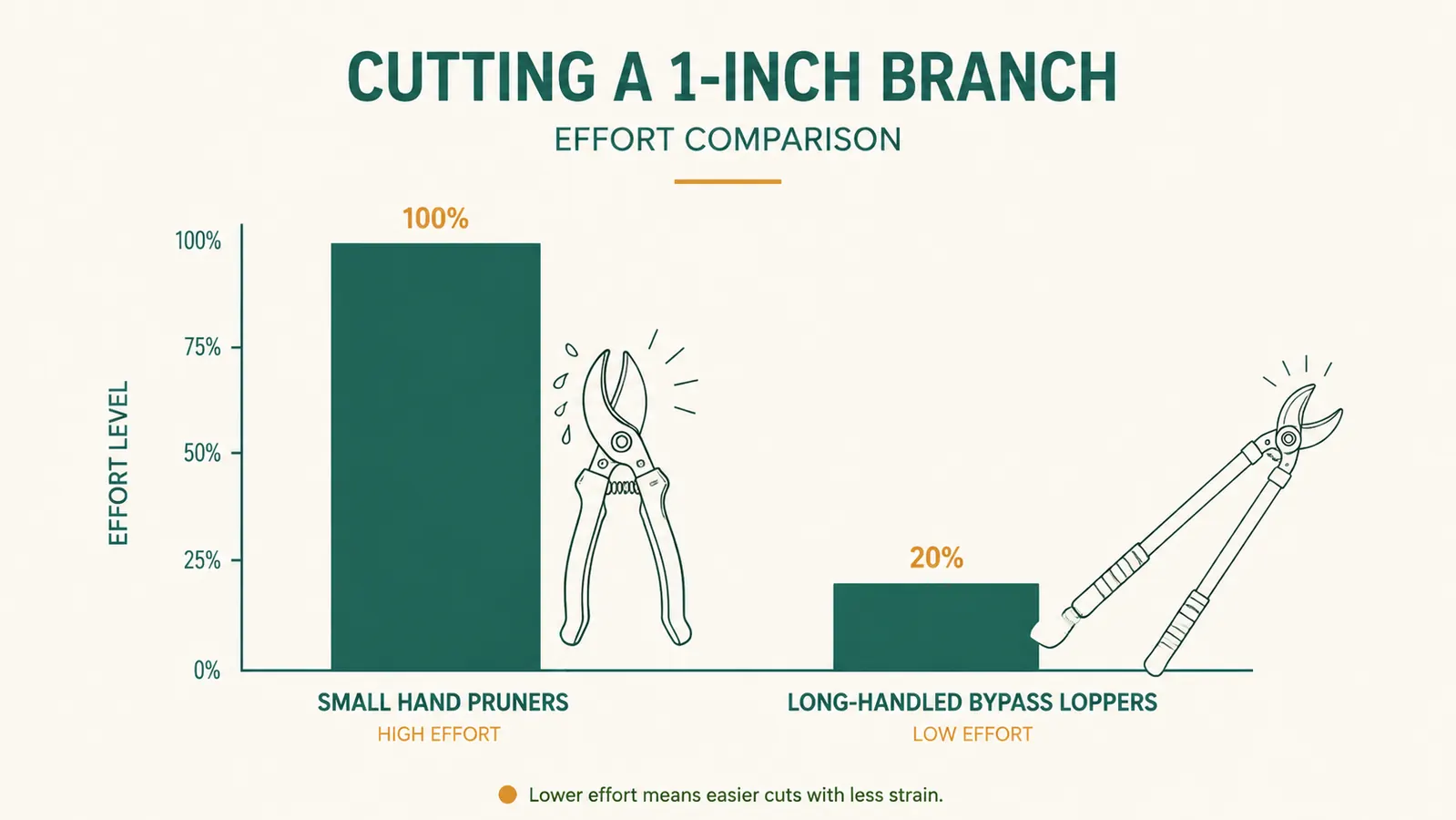 Chart comparing branch cutting effort with small hand pruners versus long-handled bypass loppers