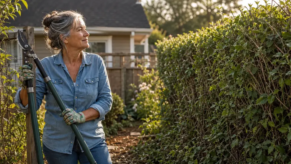 Gardener setting the Fiskars loppers against a fence post while surveying a trimmed lilac hedge