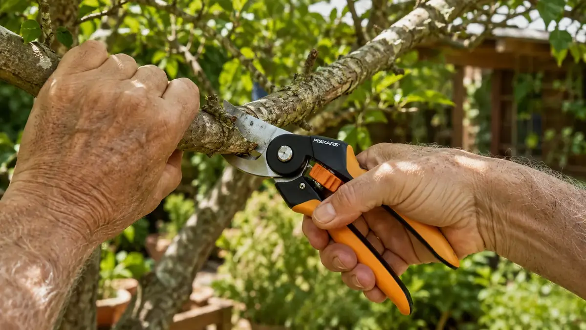 Hands using Fiskars bypass loppers to cut through a thick forsythia branch