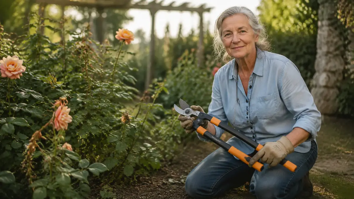 Gardener kneeling beside a rose bed holding Fiskars bypass loppers after pruning