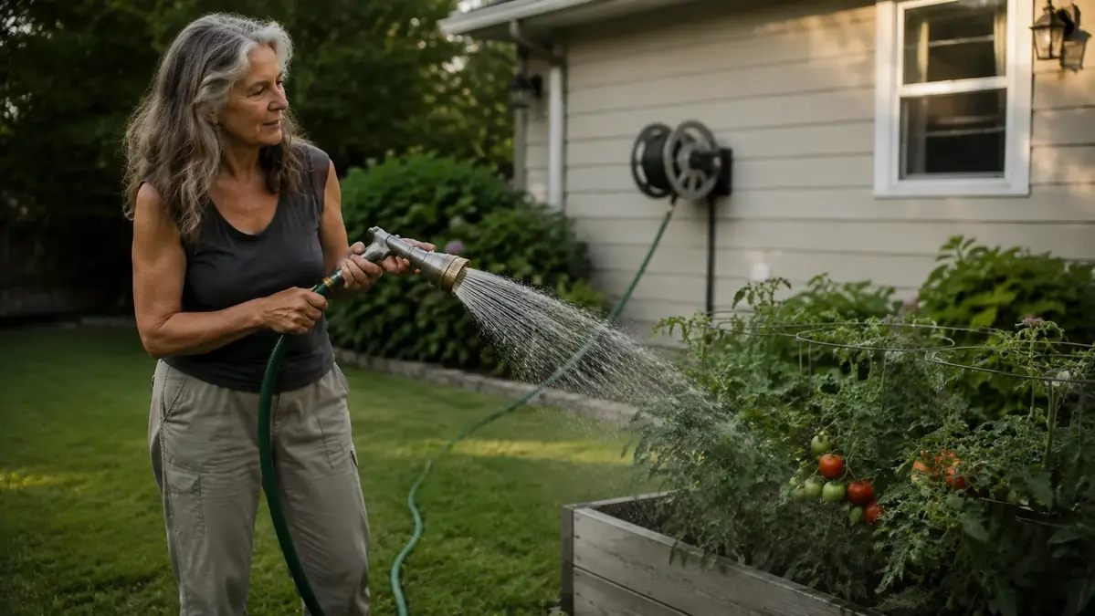Woman watering a row of tomato plants with a garden hose extended across the yard