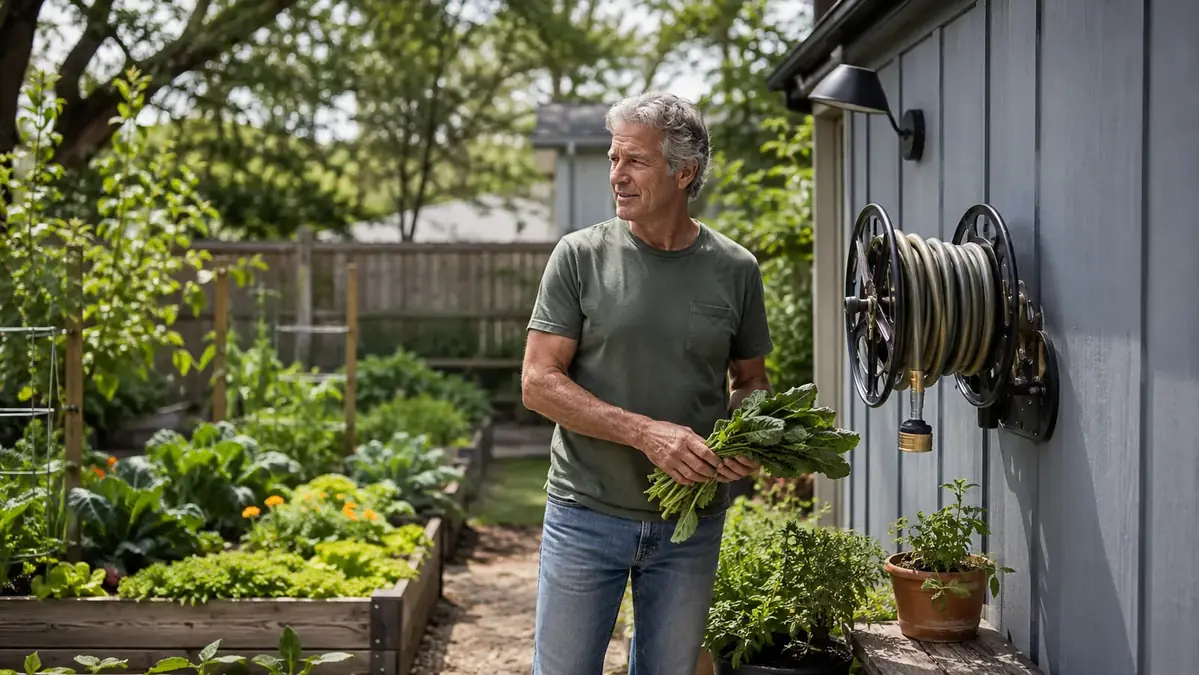 A neighbor's raised garden beds with a retractable hose reel mounted nearby on a shed wall