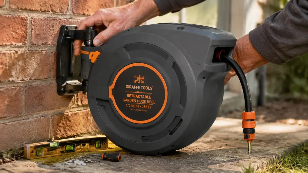 Close-up of a hand holding a drill against a mounting bracket on a stucco or brick wall during hose reel installation