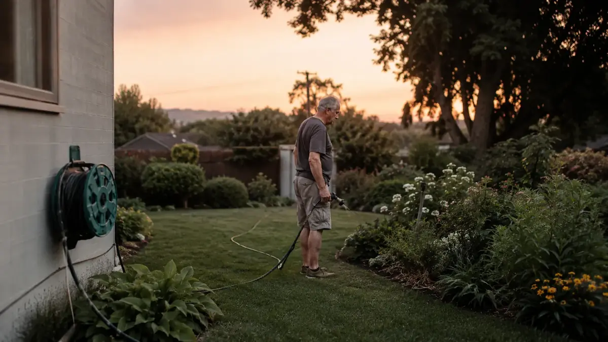 Retractable hose reel mounted on a garage wall with hose extended across a backyard toward flower beds at dusk