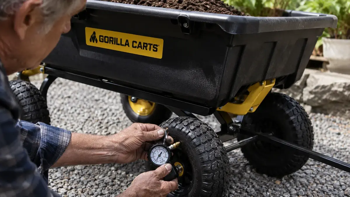 Hand pressing a tire gauge against the pneumatic tire of the Gorilla Carts dump cart to check air pressure