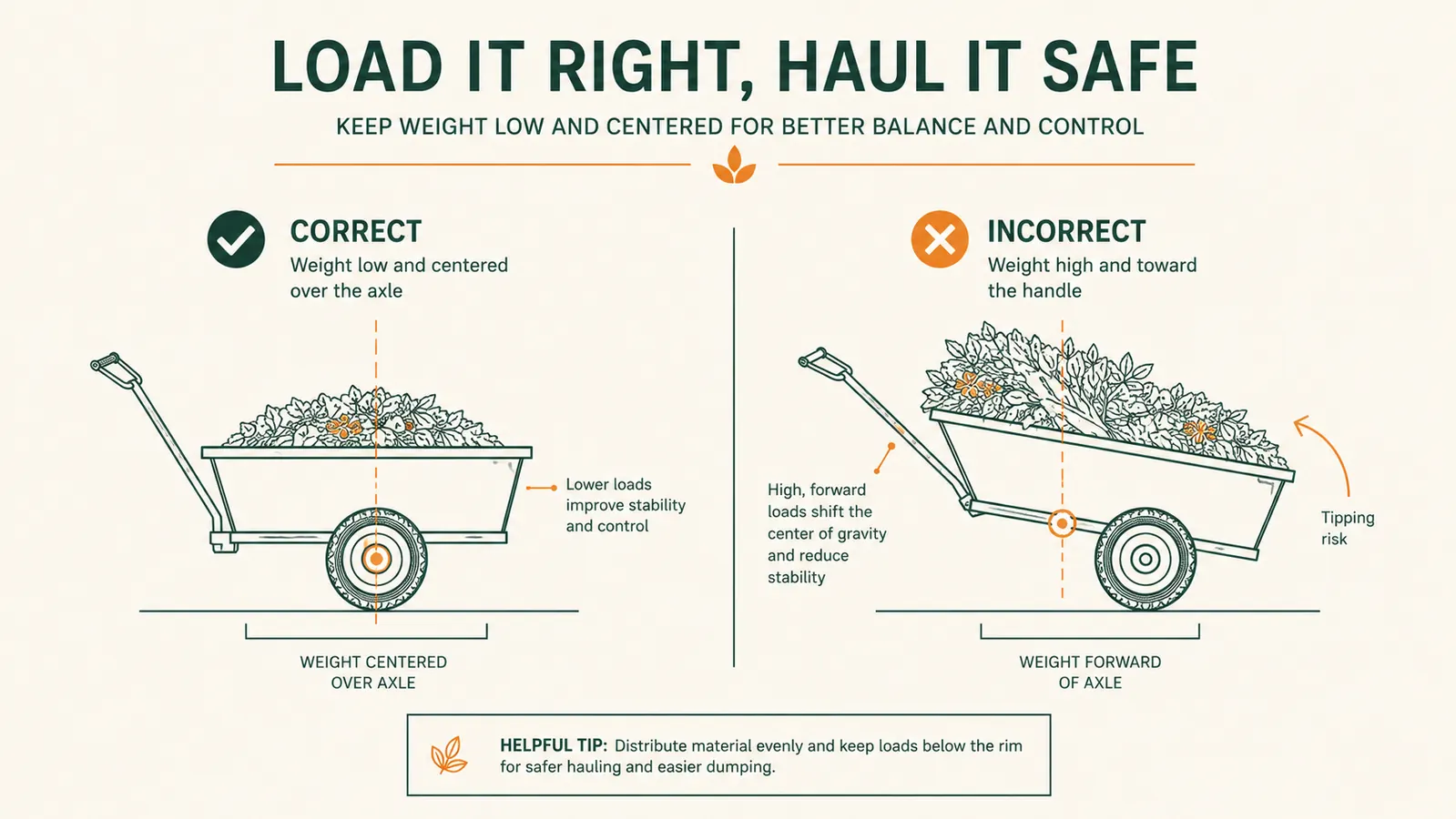 Diagram comparing a properly balanced low load over the axle versus an unbalanced top-heavy load in a dump cart