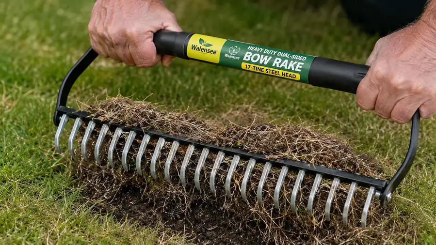 Close-up of hands using the tine side of a bow rake to pull dead thatch out of a lawn