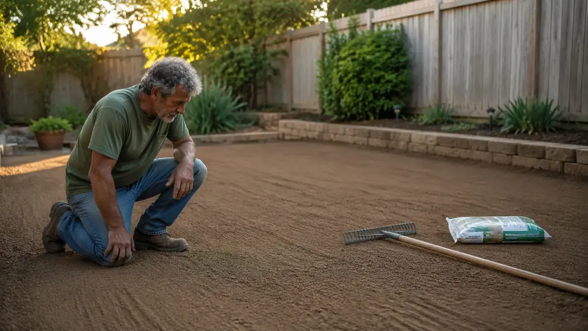 Freshly leveled and raked soil bed ready for grass seed, with a bow rake resting across it