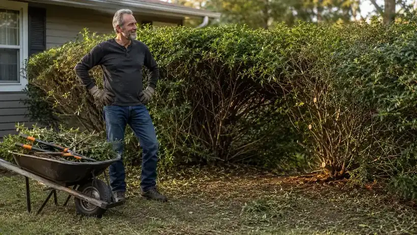 Renewed, open-centered shrub after pruning with a wheelbarrow of cut branches beside it