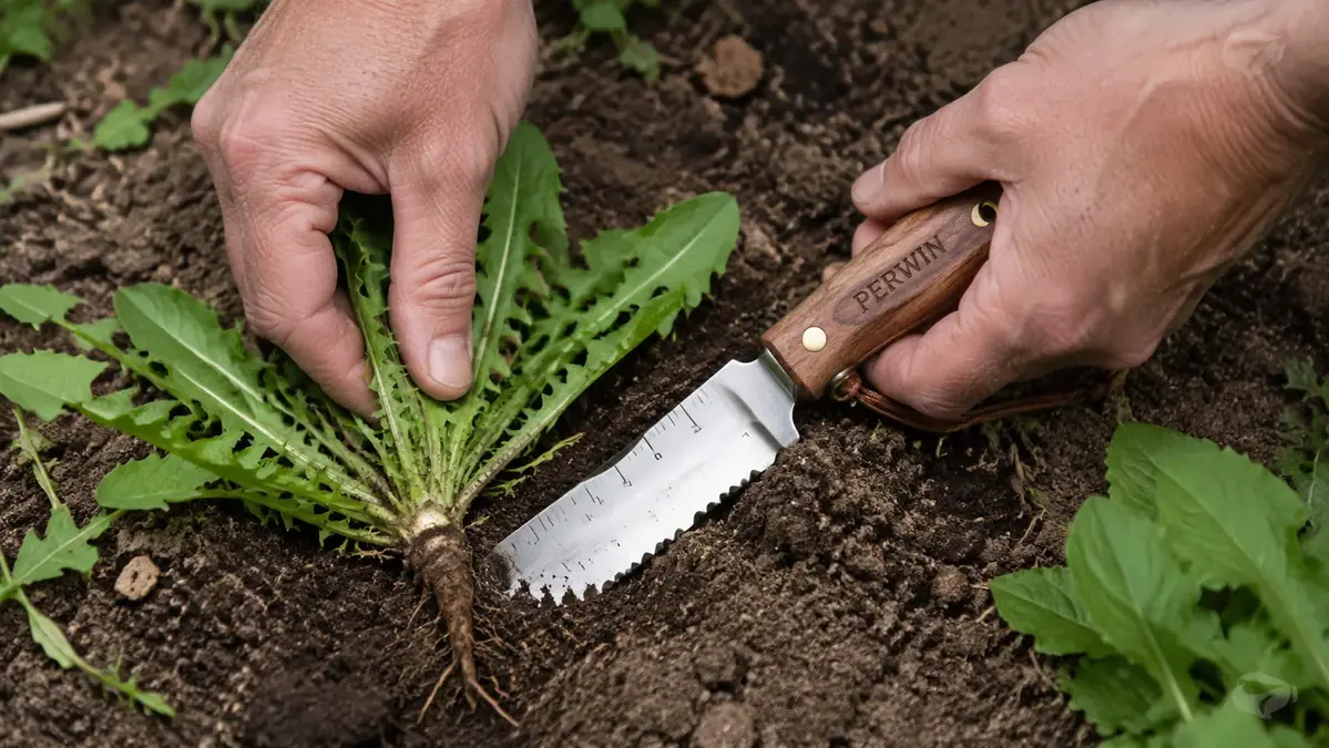 Close-up of hands using the serrated edge of a hori hori knife to score around a weed's root