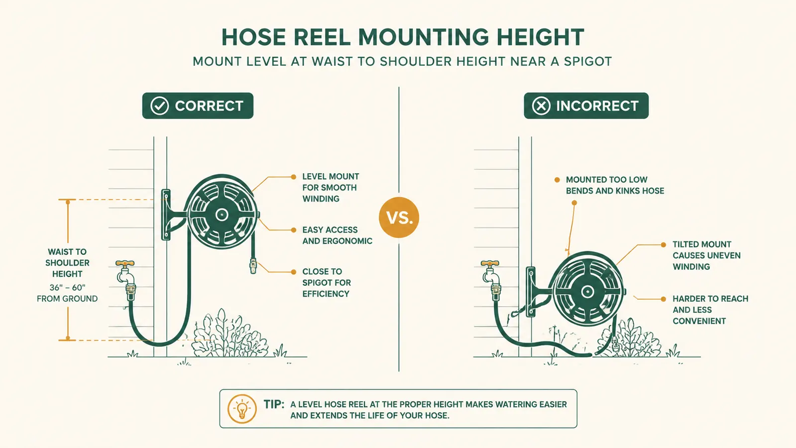 Diagram showing correct mounting height and bracket angle for a wall-mounted hose reel versus a crooked incorrect mount