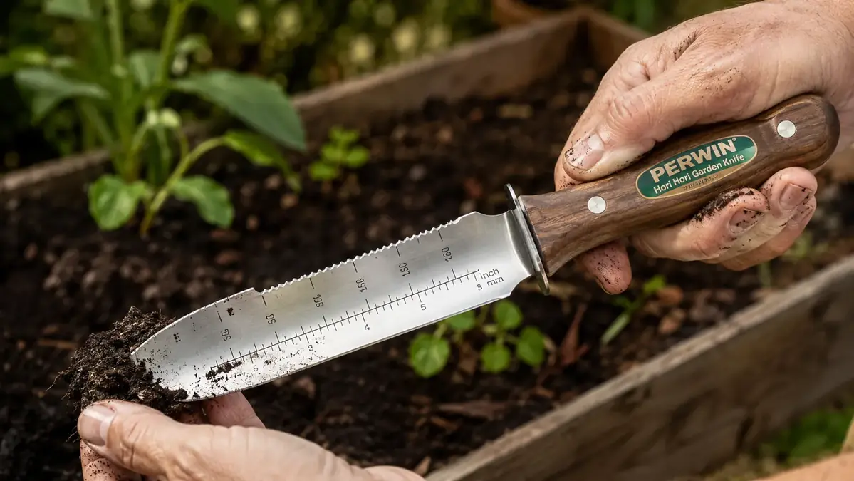 Close-up of a hand holding the PERWIN hori hori knife showing the blade markings and serrated edge