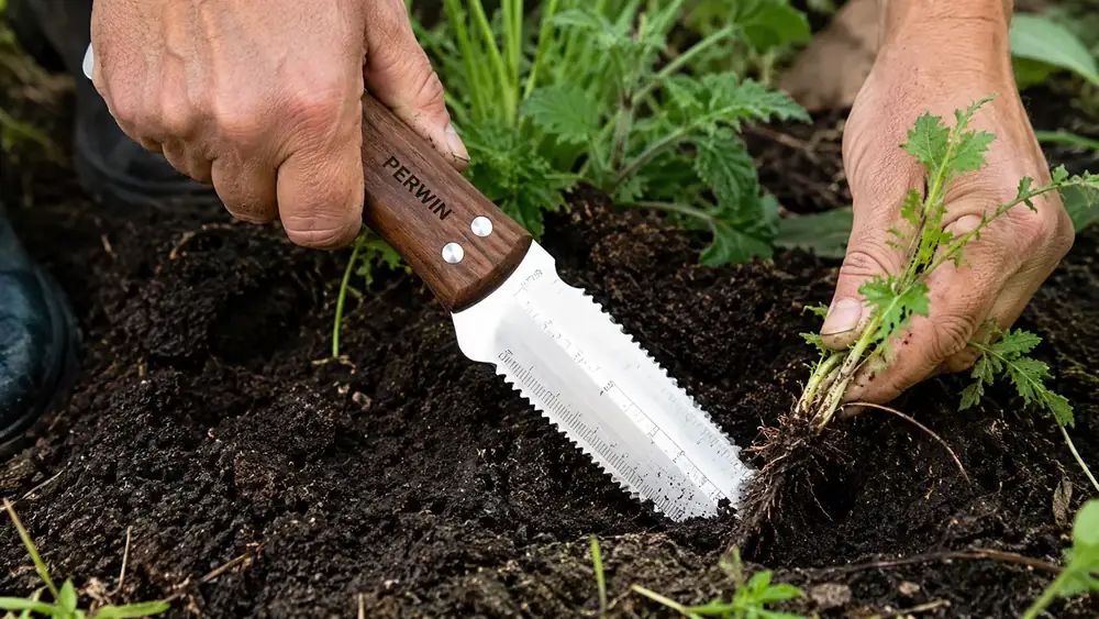 Hand using the PERWIN hori hori knife to slice through soil and weed roots in a garden bed