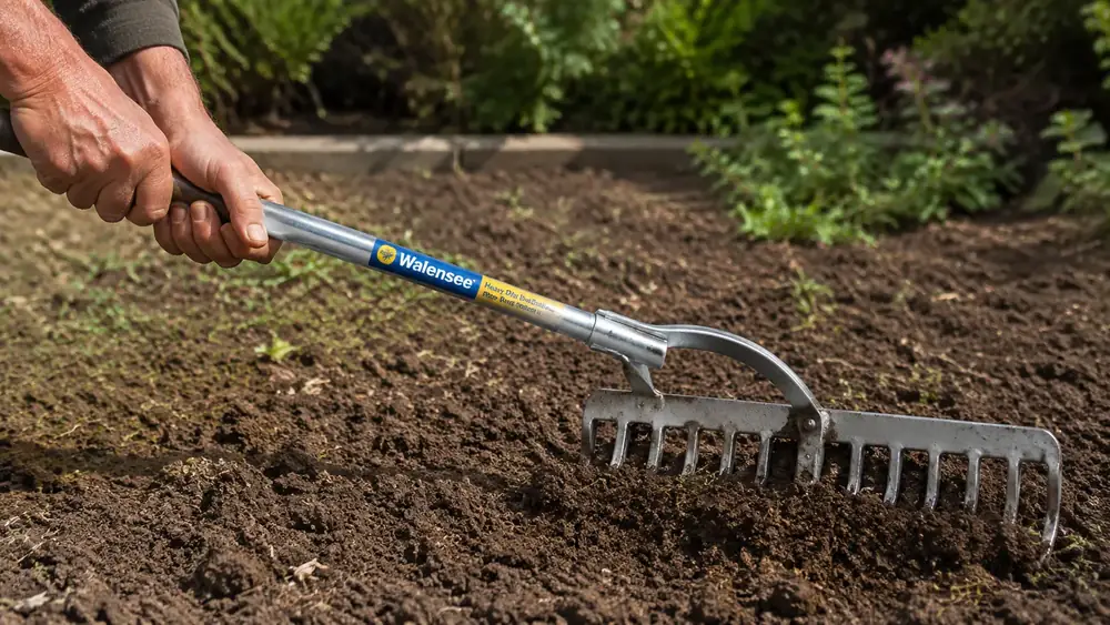 Hands pulling a Walensee dual-sided bow rake across loose soil to level a rough patch of yard