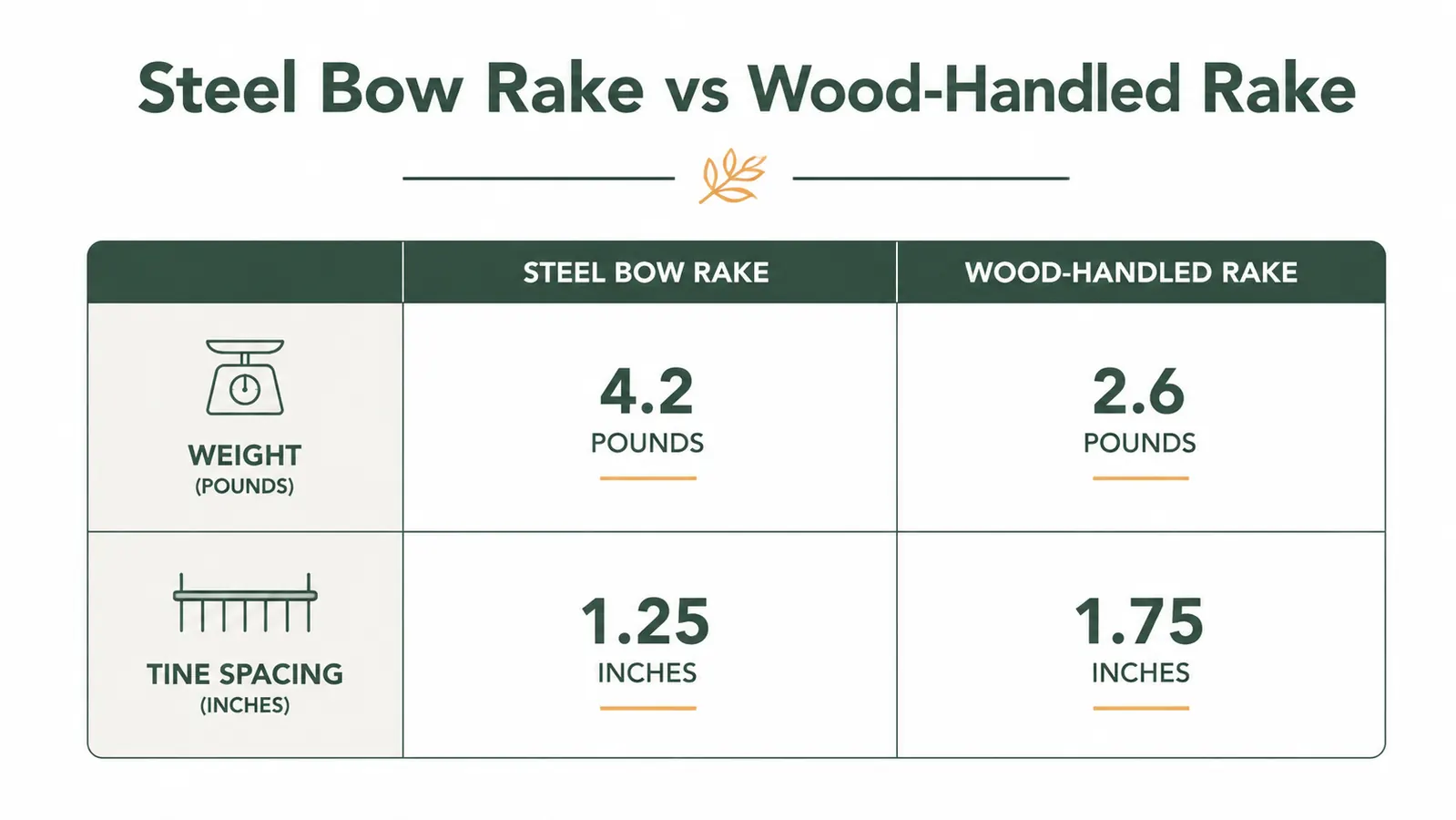 Chart comparing handle weight and tine spacing between a steel bow rake and a wood-handled garden rake