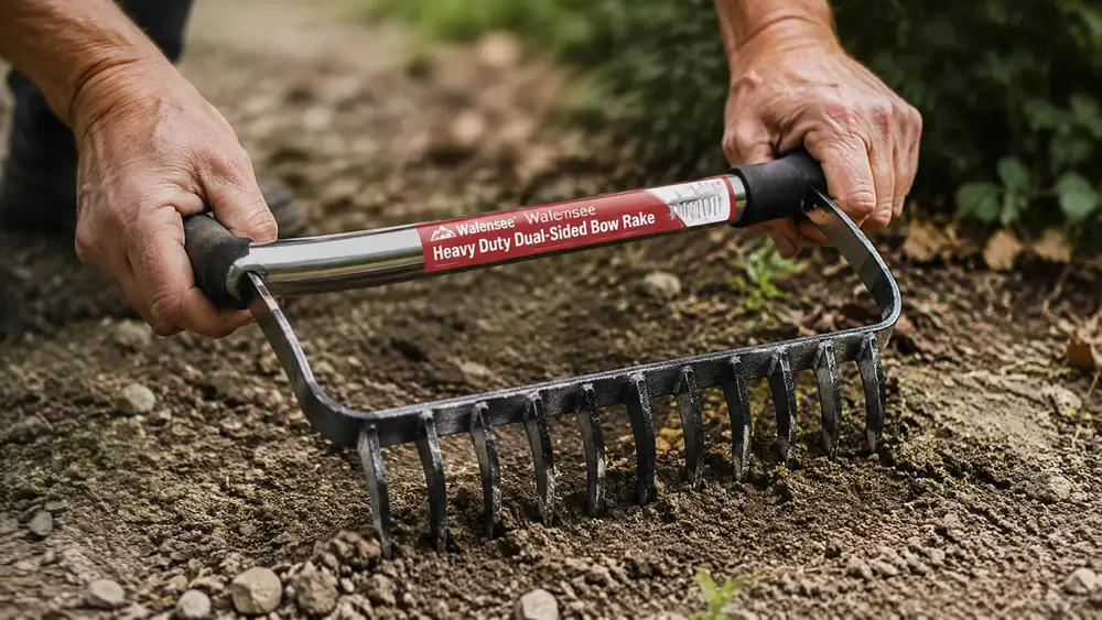 Close-up of hands pulling the Walensee bow rake's steel tines through compacted soil