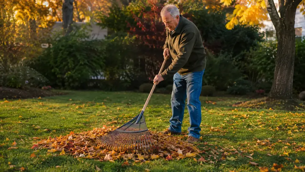 Homeowner using a lightweight leaf rake to clear fallen maple leaves off a lawn in autumn